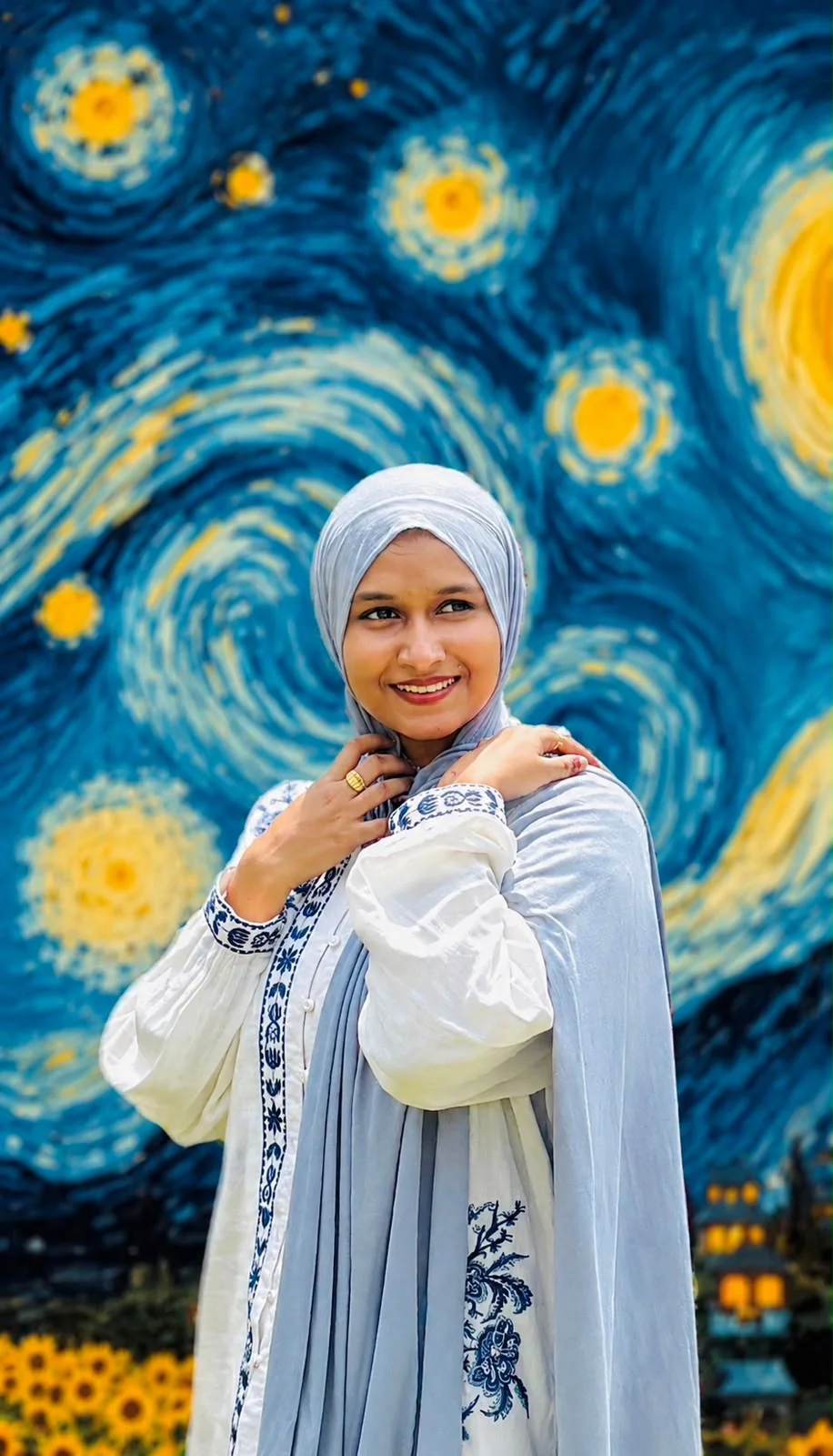 Jesna, the artist behind JezArt, in front of a blue and yellow painting