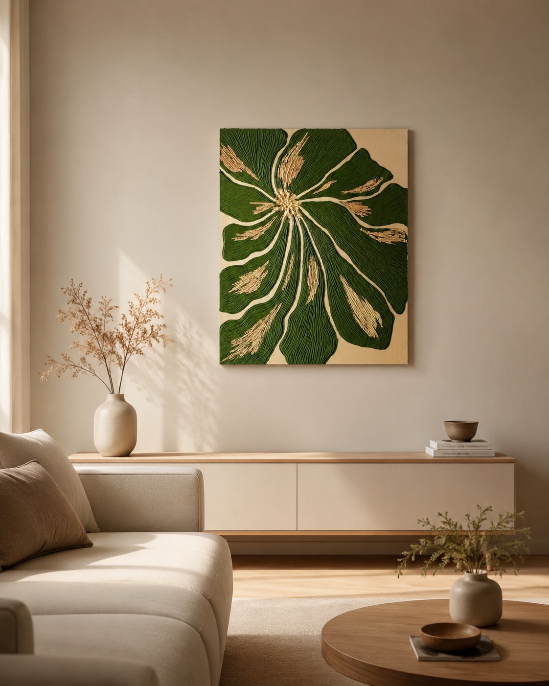 Textured green floral artwork displayed in a warm living room