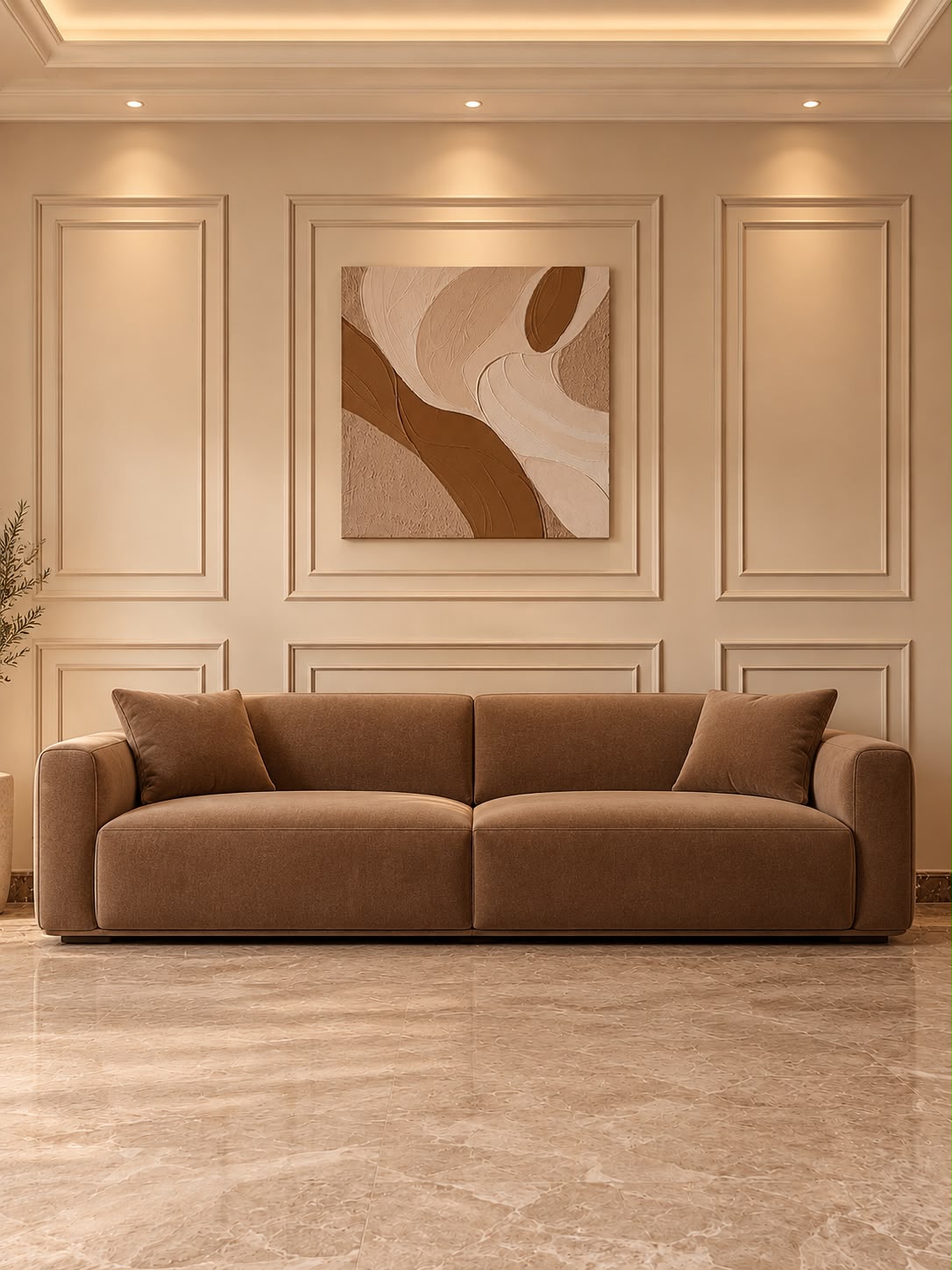 Earth-toned artwork displayed above a sofa in a neutral room