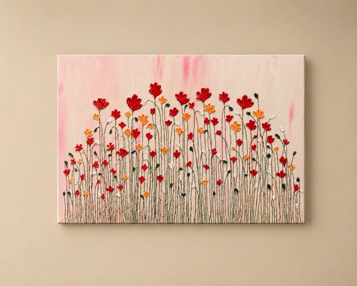Red textured wildflowers on a hand-painted canvas