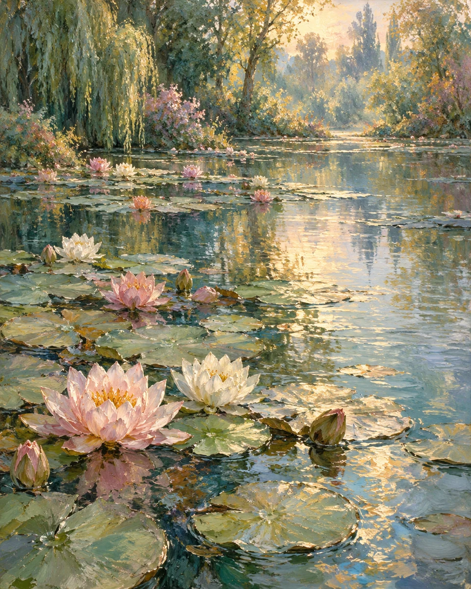 Soft pink water lilies on a tranquil blue-green pond
