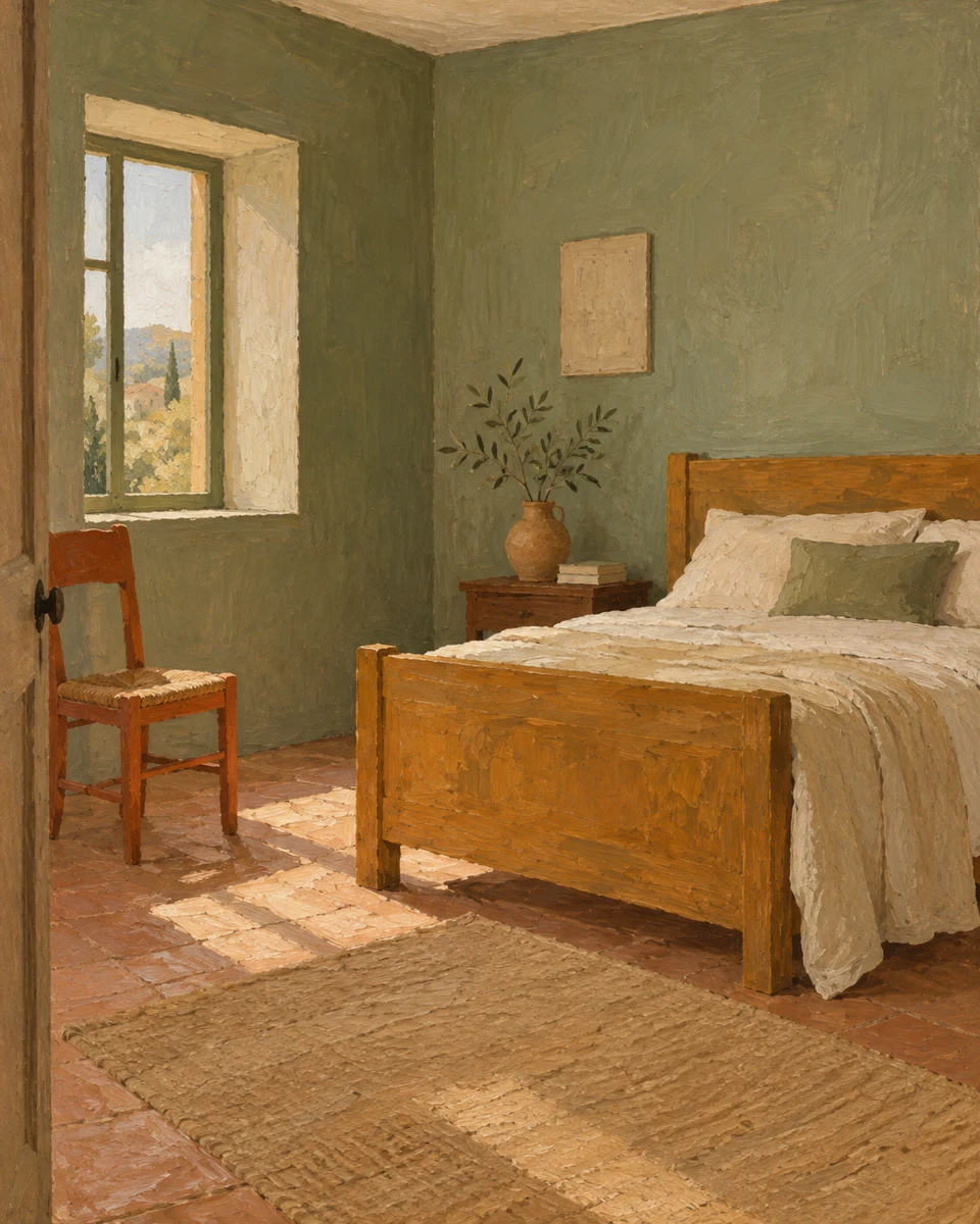 A quiet bedroom painted in sage, cream, and warm ochre