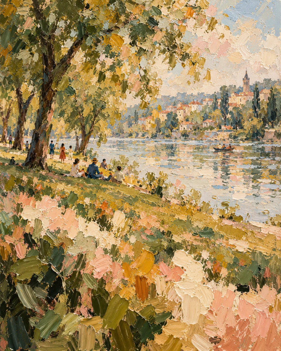 An abstract riverside gathering with textured, dappled brushstrokes