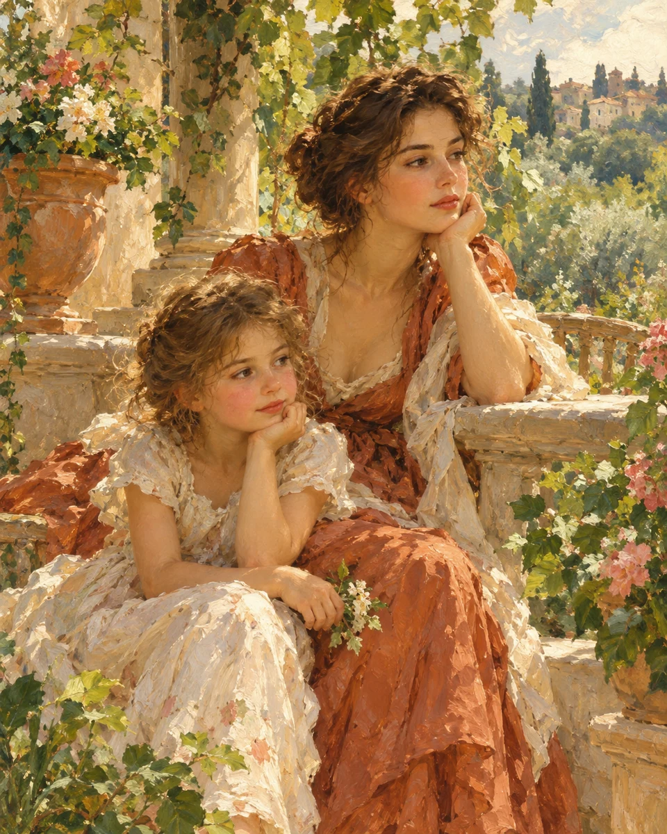Painterly inspiration of two sisters sitting on a garden terrace